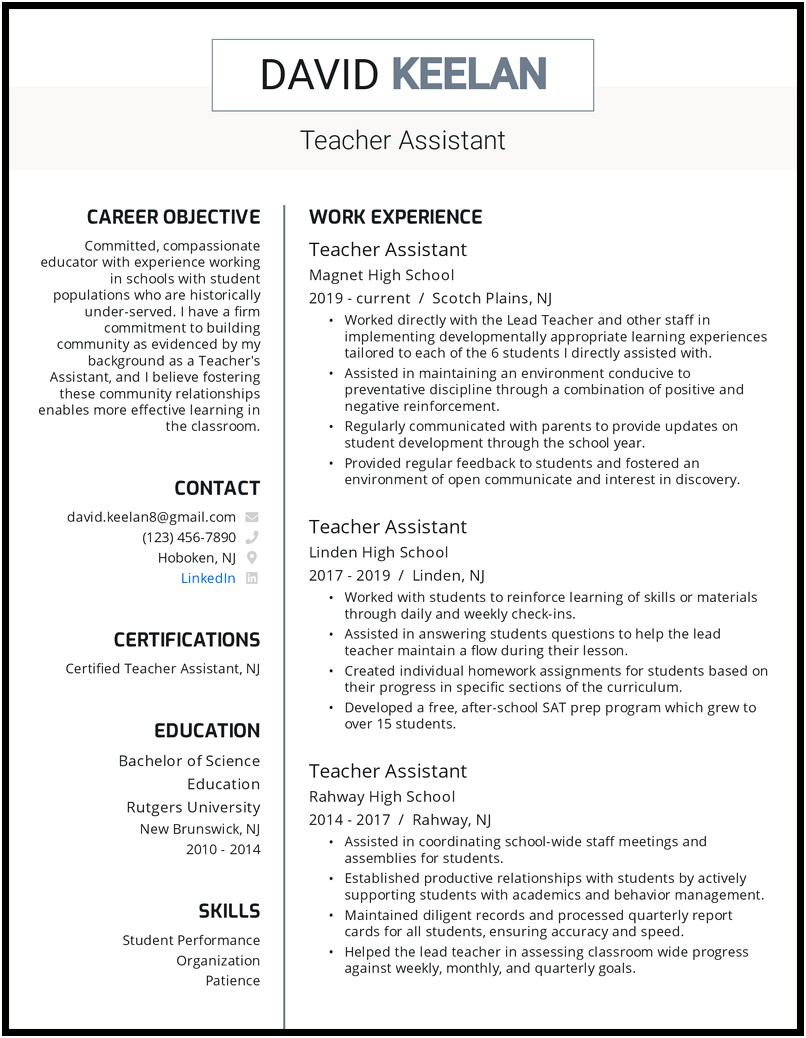 Teacher Assistant Job Description Resume Preschool