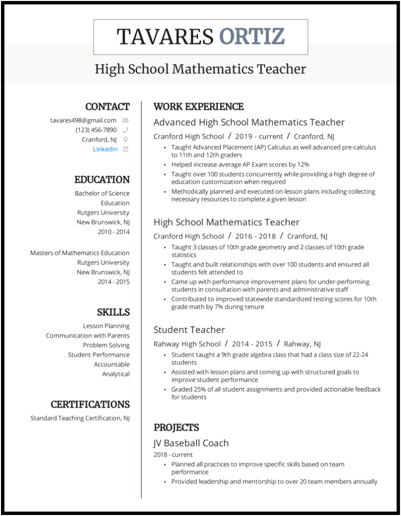 Teacher Resume Example With Membership Section
