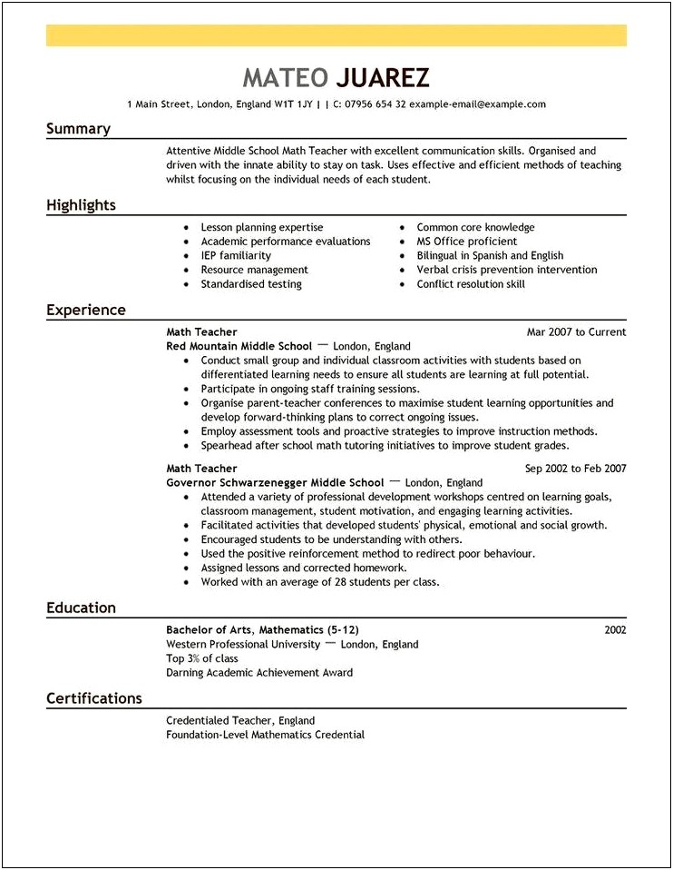 Teacher Resume Examples From A Different Career