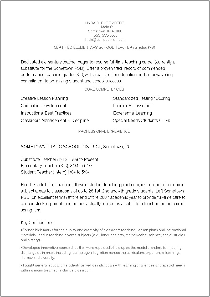 Teacher Resume Substitute Experience Or Student Teaching