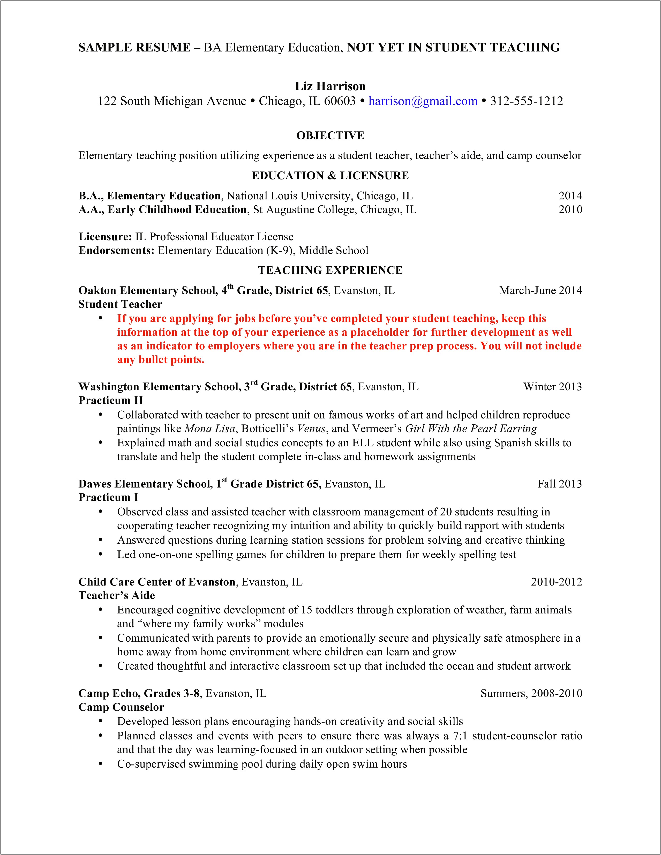 Teacher Resume With Student Teaching Experience