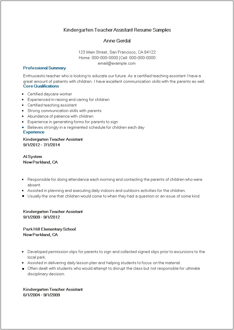 Teacher's Assistant Resume Samples Examples
