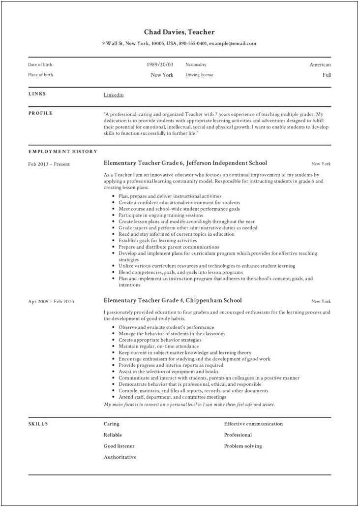 Teachers Resumes And Cv Free Examples