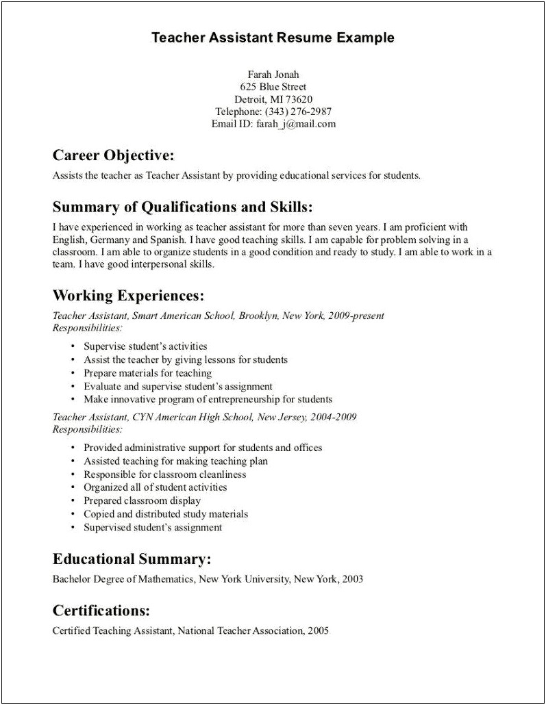 Teaching Assistant Career Objective In Resume