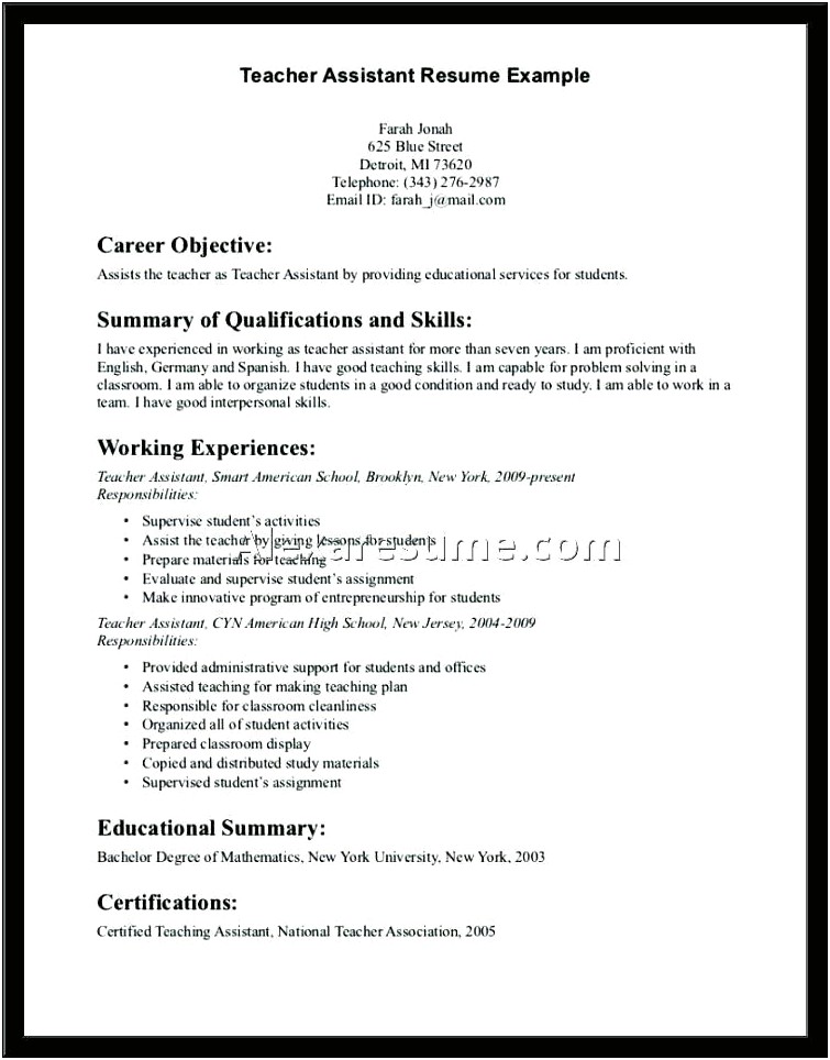 Teaching Assistant With No Experience Resume