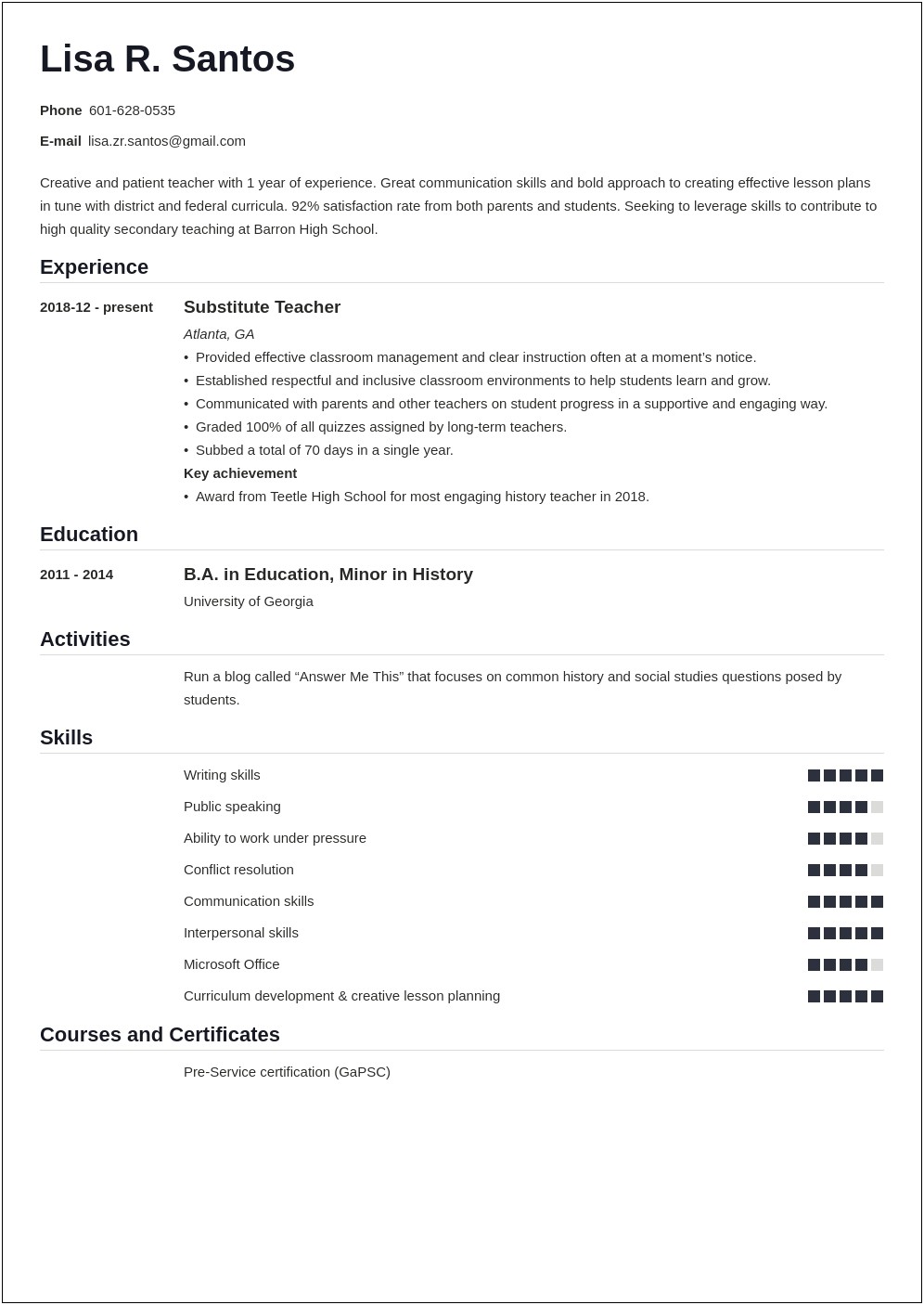 Teaching Related Experience Resume High Schoolers