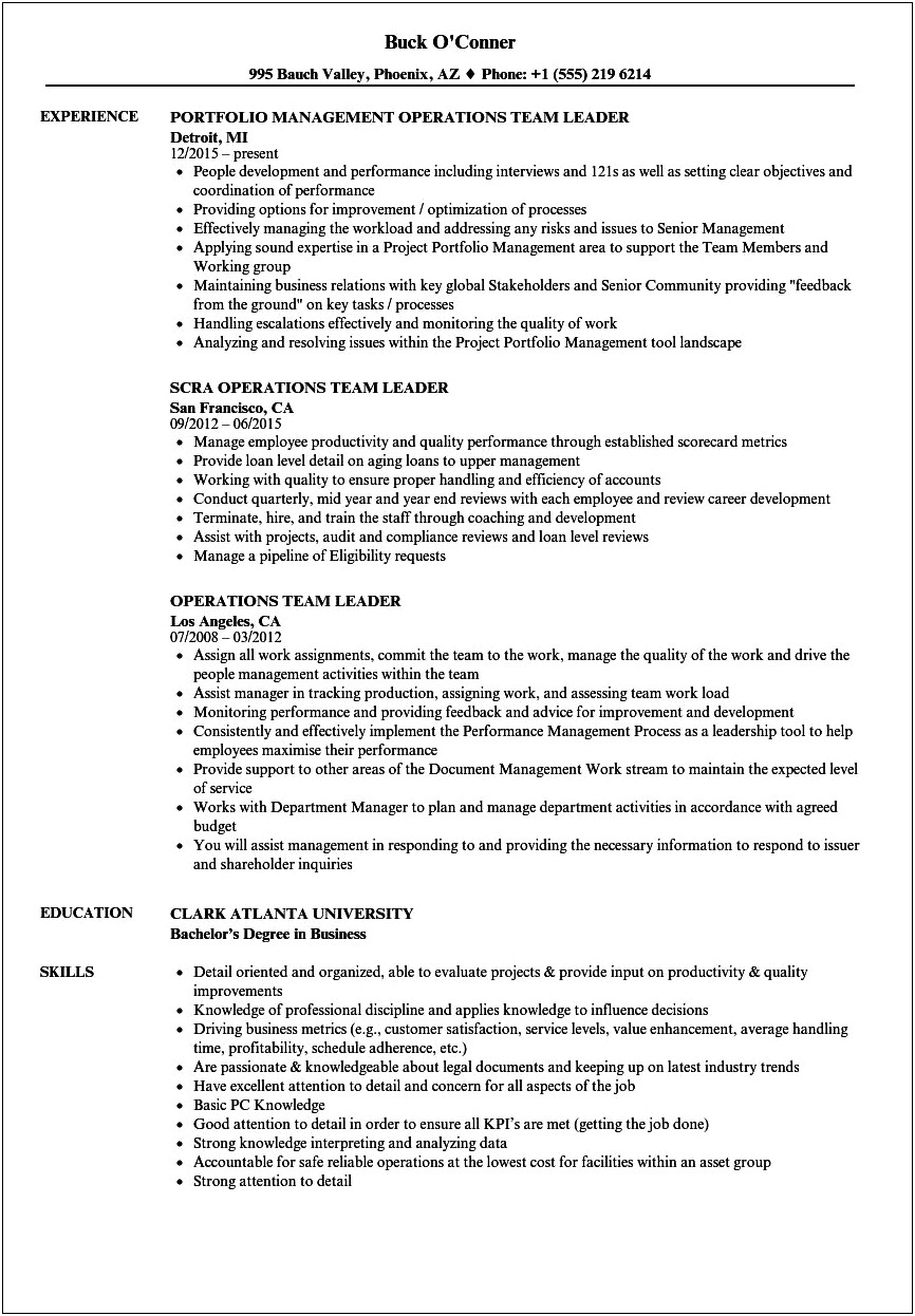 Team Leader Skills Section Of Resume