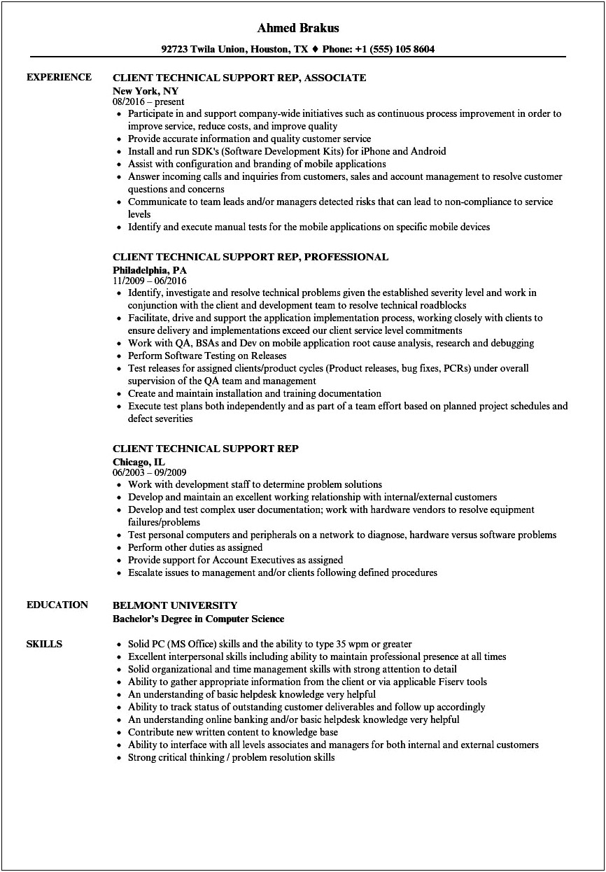 Tech Support Agent Job Description Resume