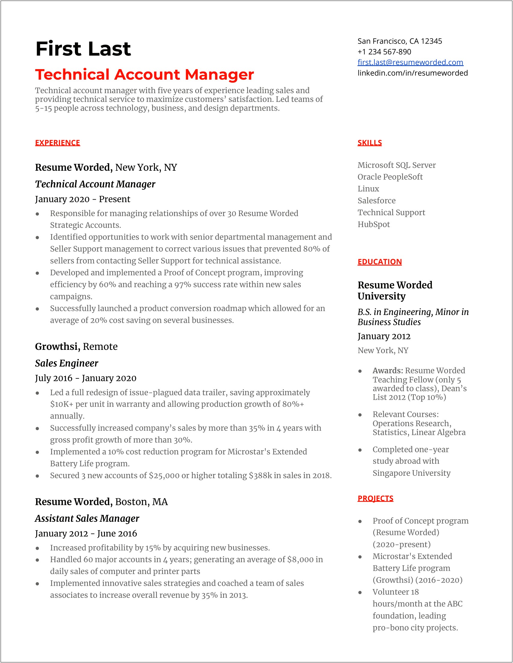 Technical Sales Job Description For Resume