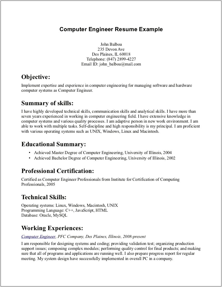 Technical Skills For Computer Engineer Resume