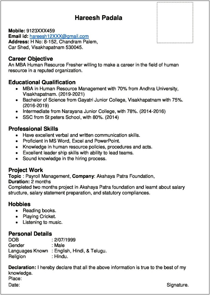 Technical Skills In Resume For Mba