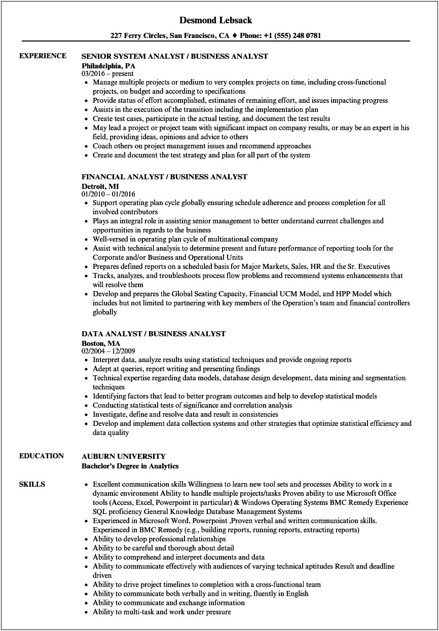 Technical Skills Resume For Business Analyst