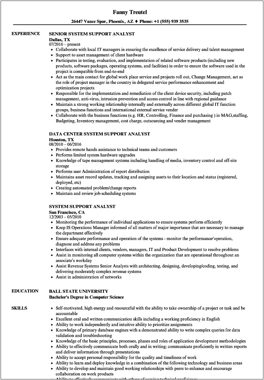 Technical Support Analyst For Command Center Sample Resume