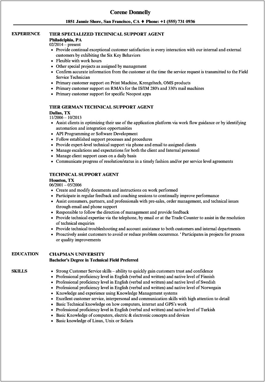 Technical Support Representative Job Description For Resume
