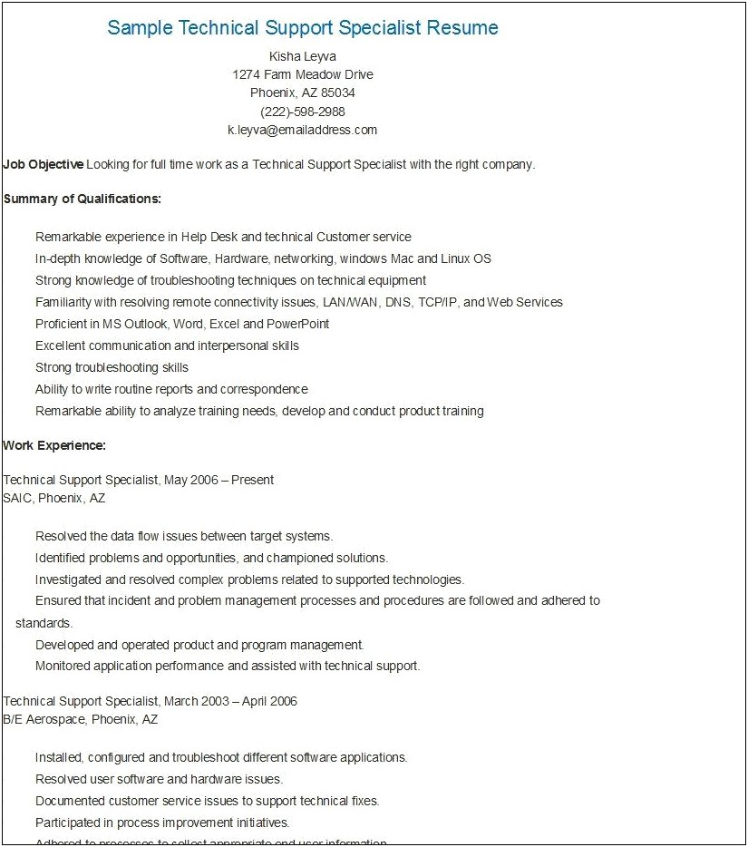 Technical Support Representative Job Description Resume