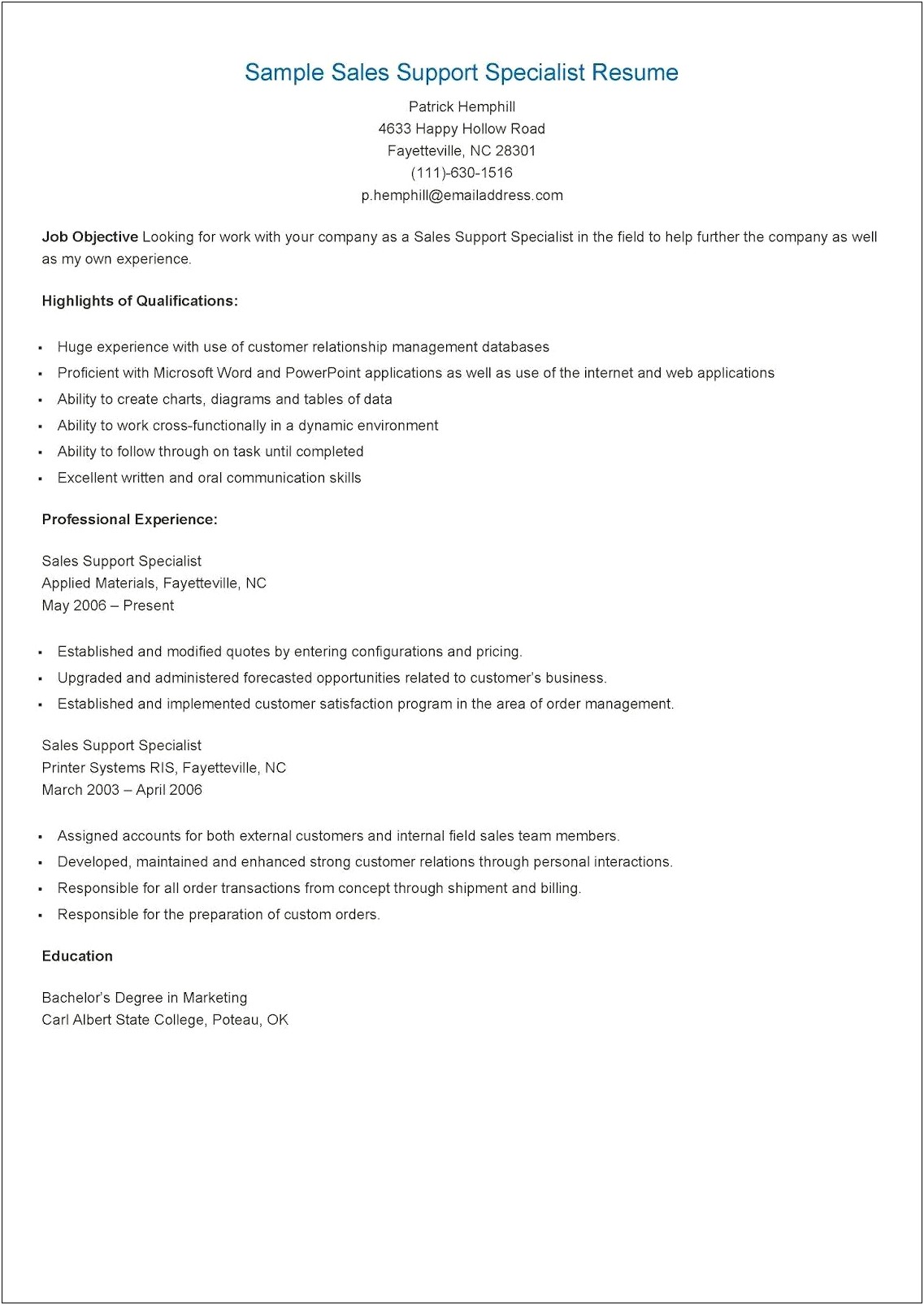 Technical Support Specialist Job Description For Resume
