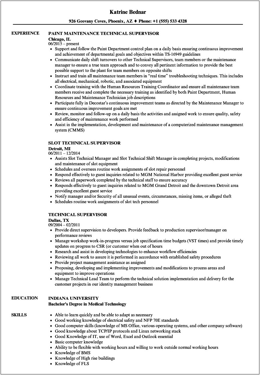 Technician Team Leader Job Description Resume