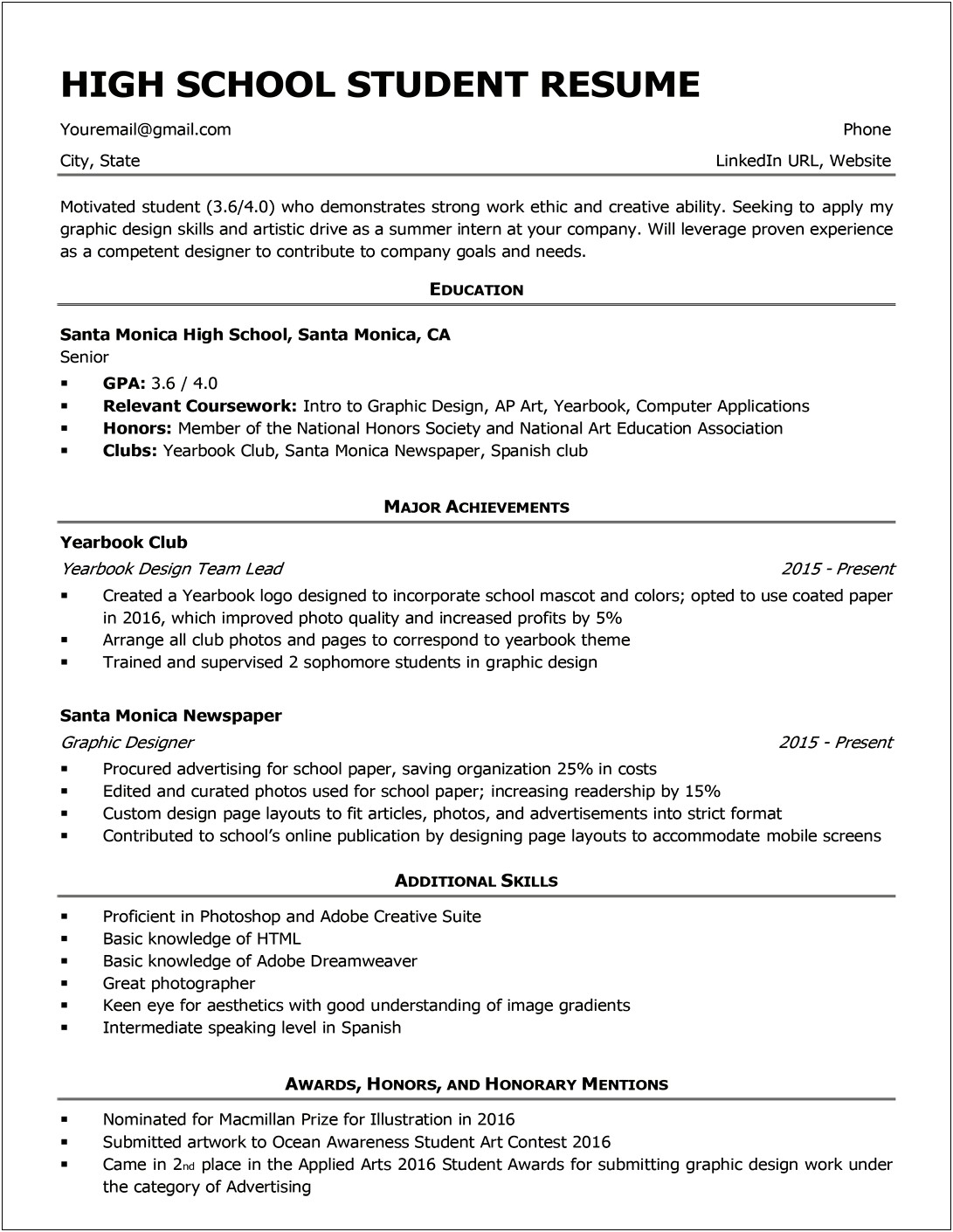 Teenage Resume Example For High School Student