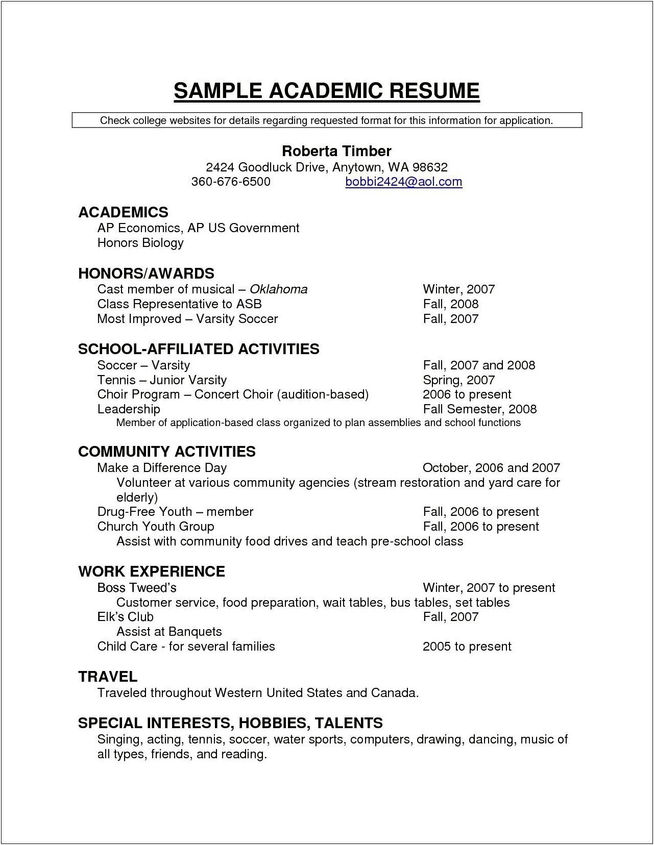Teenage Resume For Sports And Awards Examples