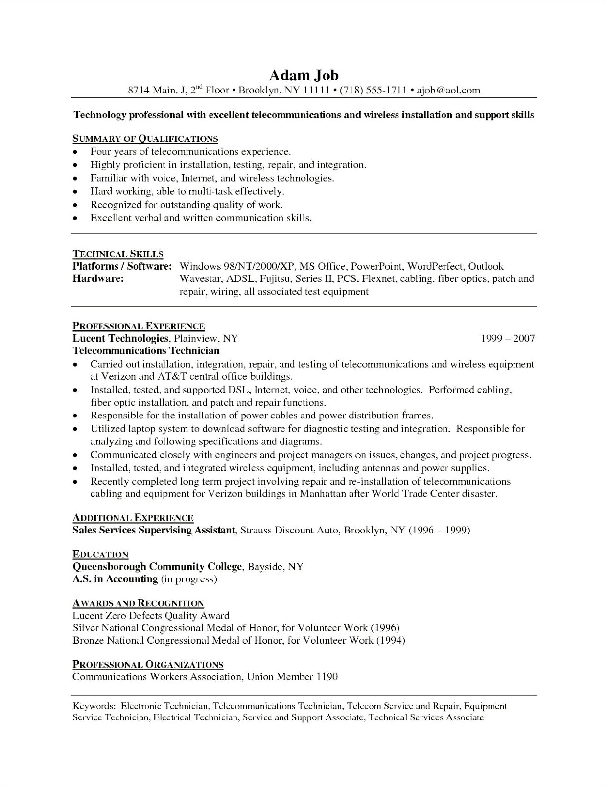 Telecommunications Technician Skills For A Resume