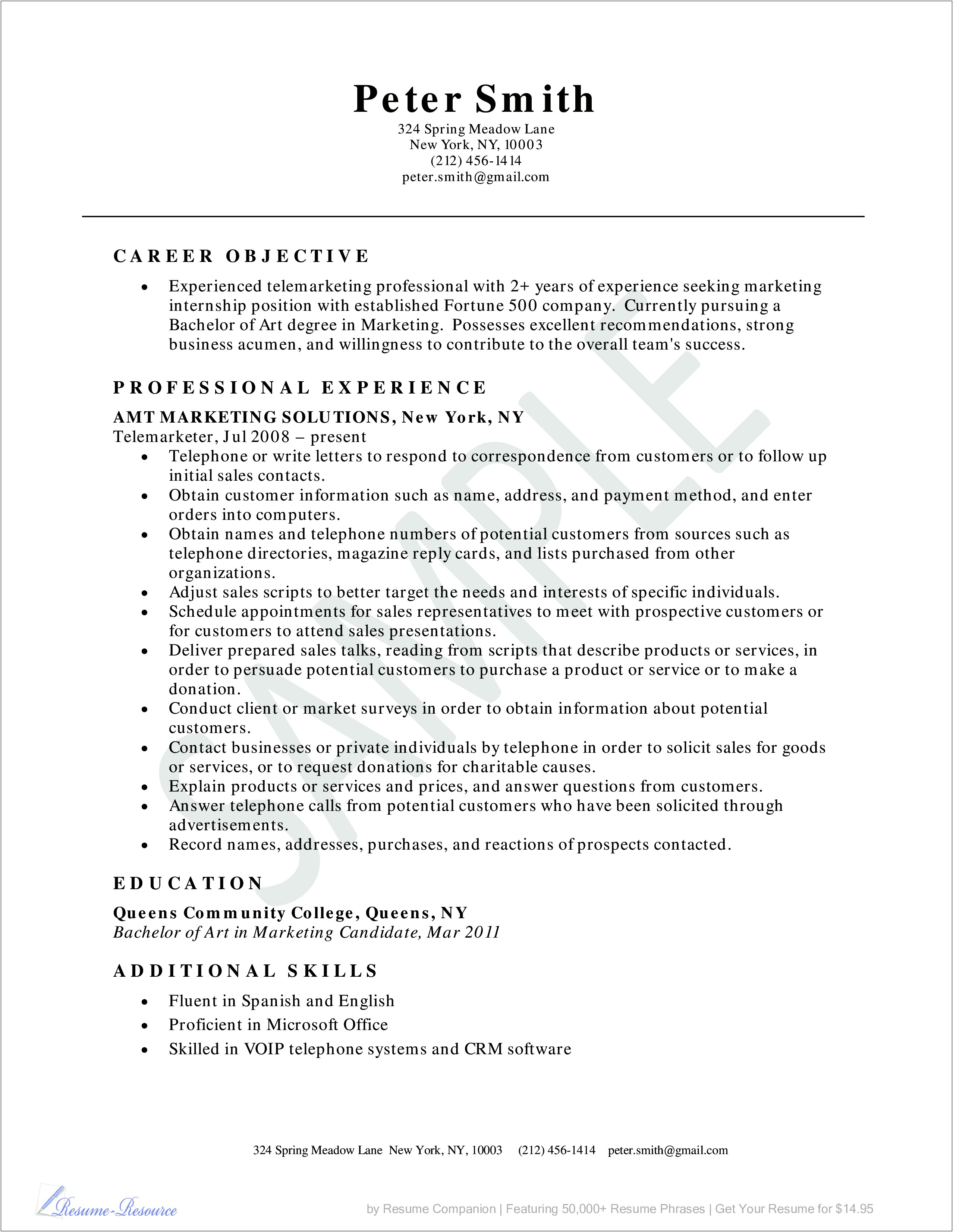 Telemarketing Sales Job Description For Resume