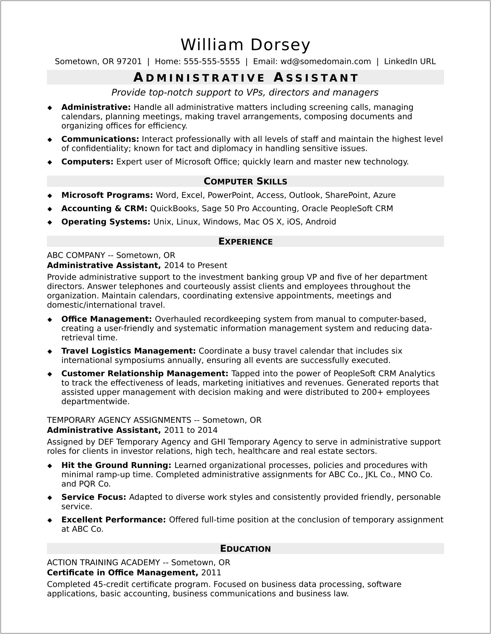 Temp Admin Job Duties For Resume