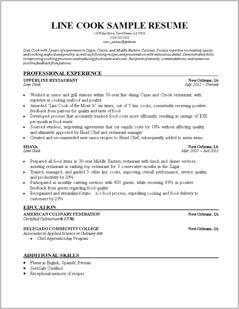 Template For A Line Cook Resume