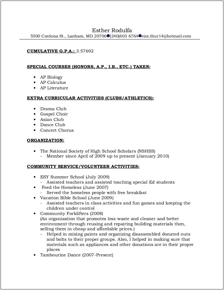 Template For High School Resume For College Admissions