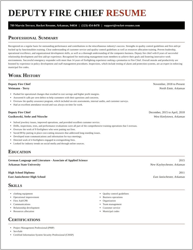Template For Professional Fire Chief Resume