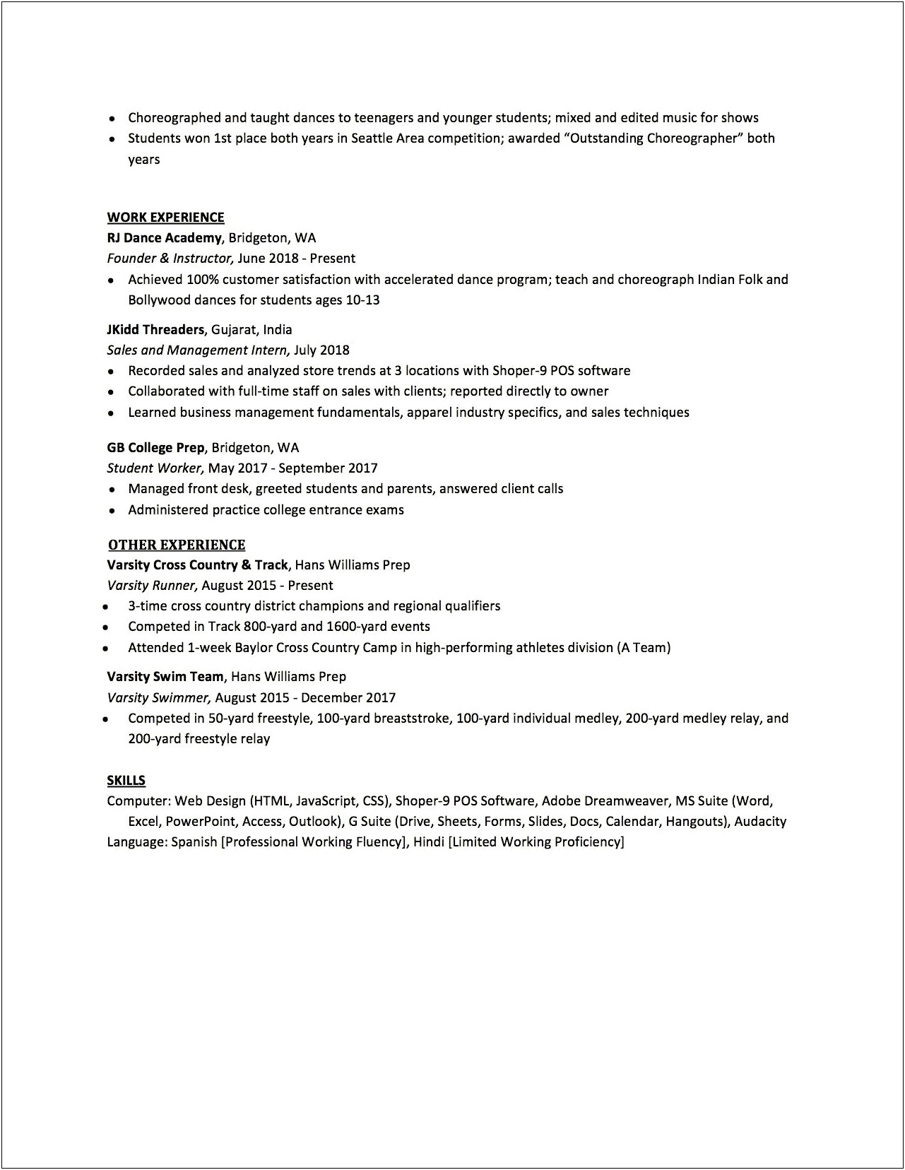 Template For Resume High School Student