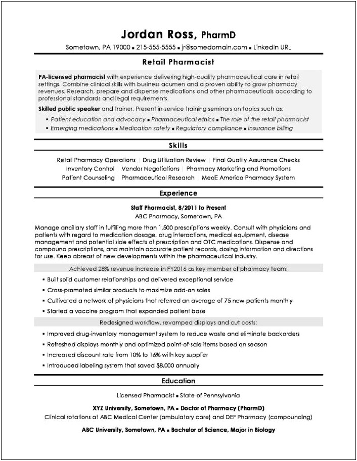 Template Of Clinical Staff Pharmacist Resume