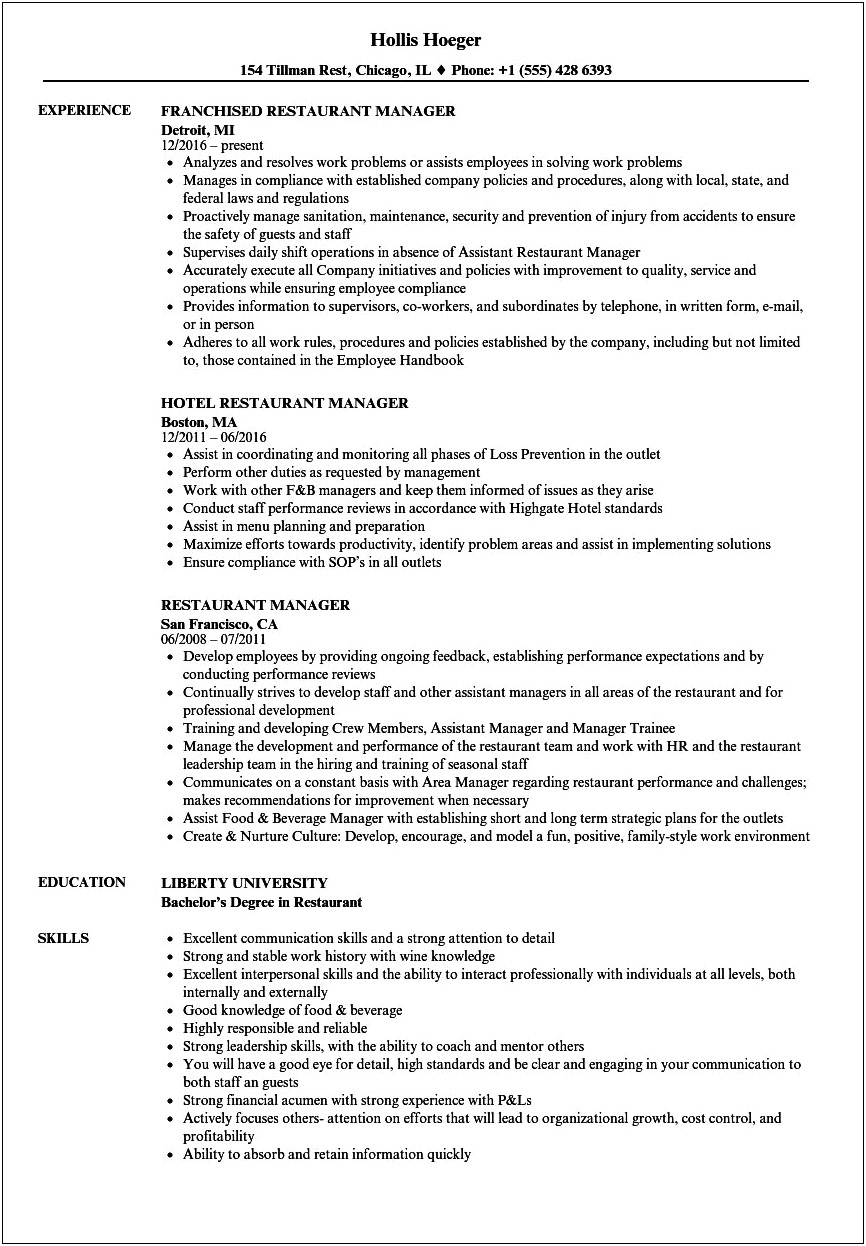 Template Resume To Work At Restaurant