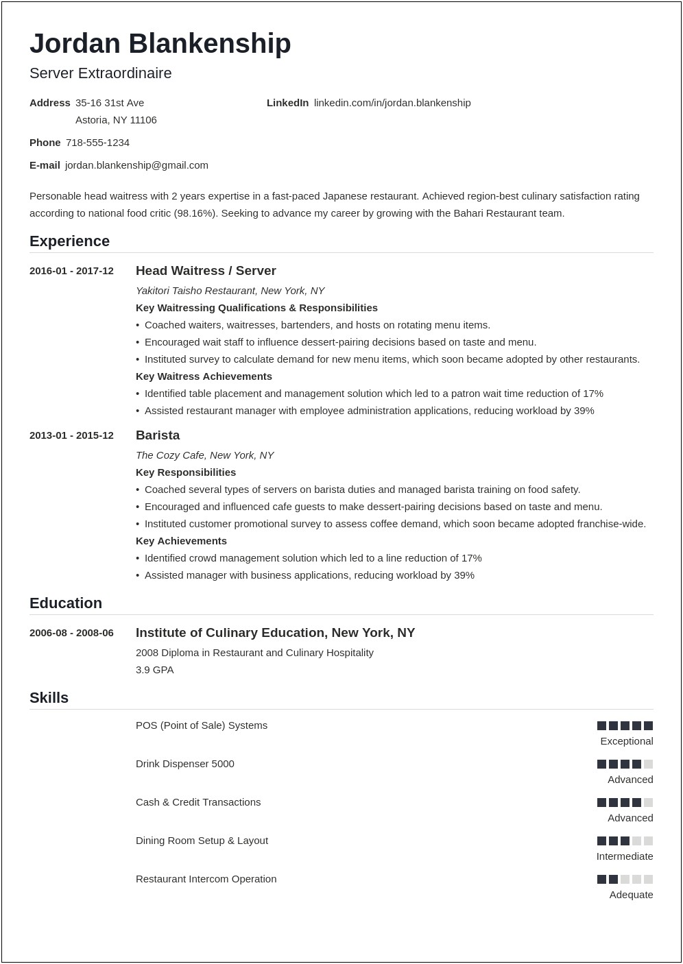 Template Resume To Work At Restrant