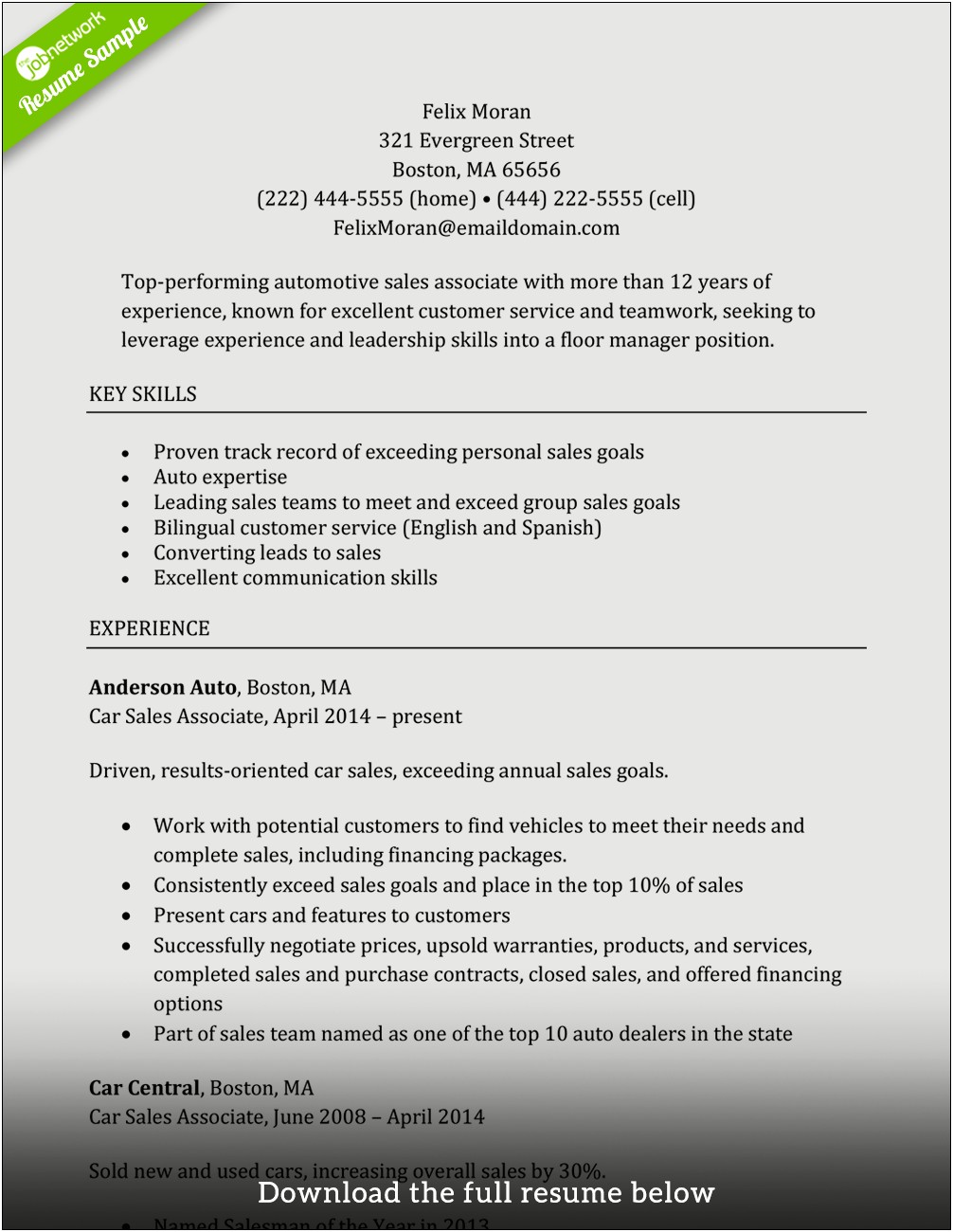 Templates Summary Resume For Sales Associate