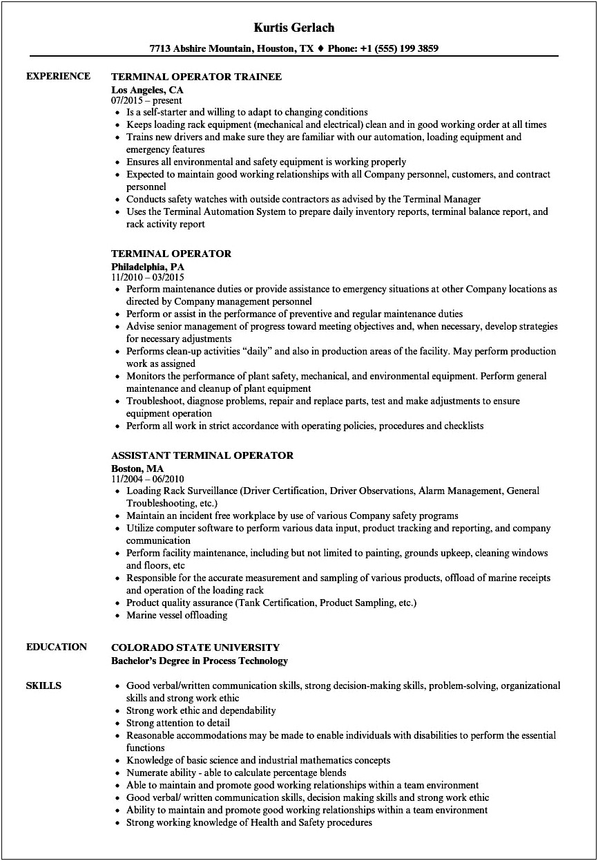 Terminal Operator Resume Sample For Entry