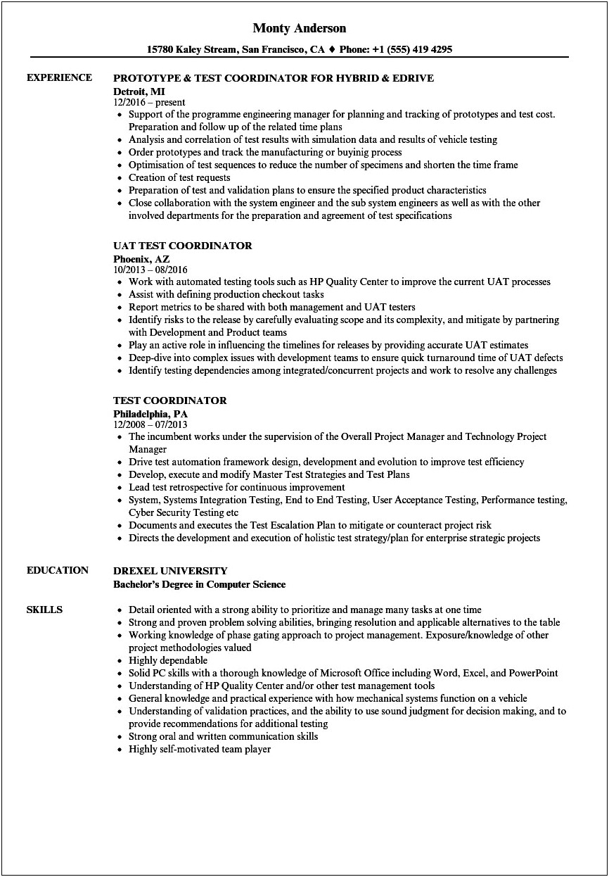 Test Coordinator Resume In The School System