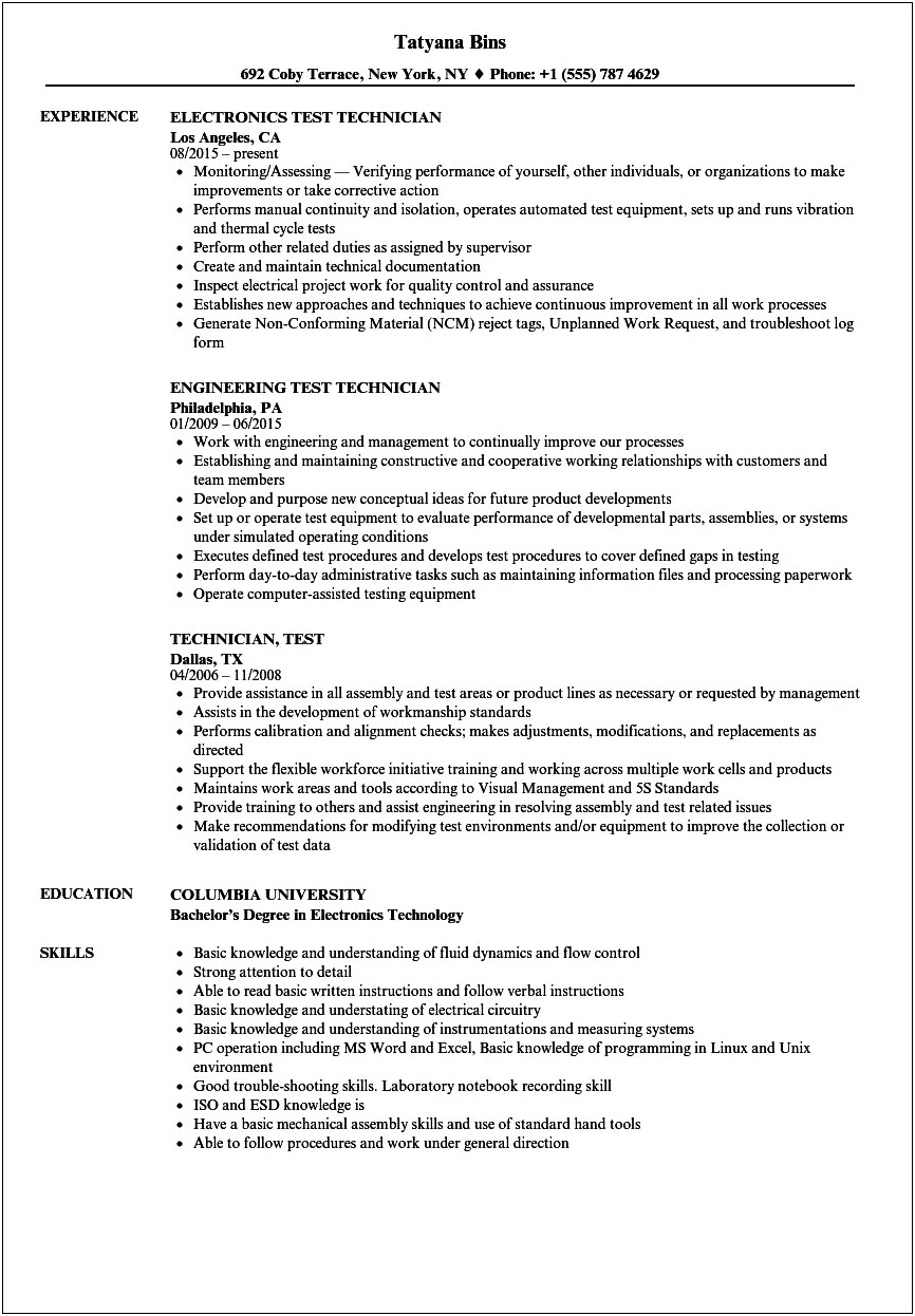 Test Technician Position Resume Objective Example