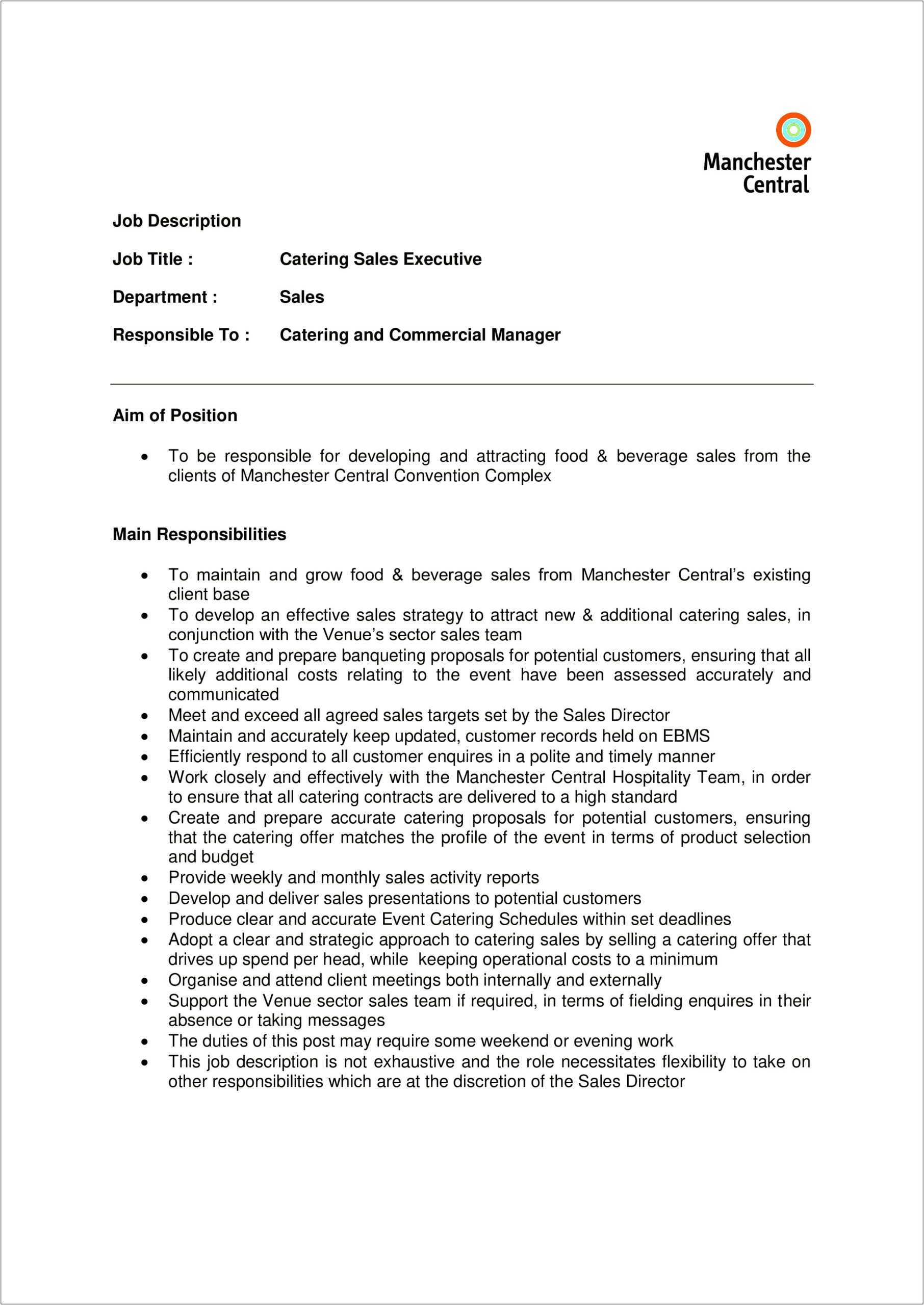 Th Ebest Resume For Catering Sales Manager