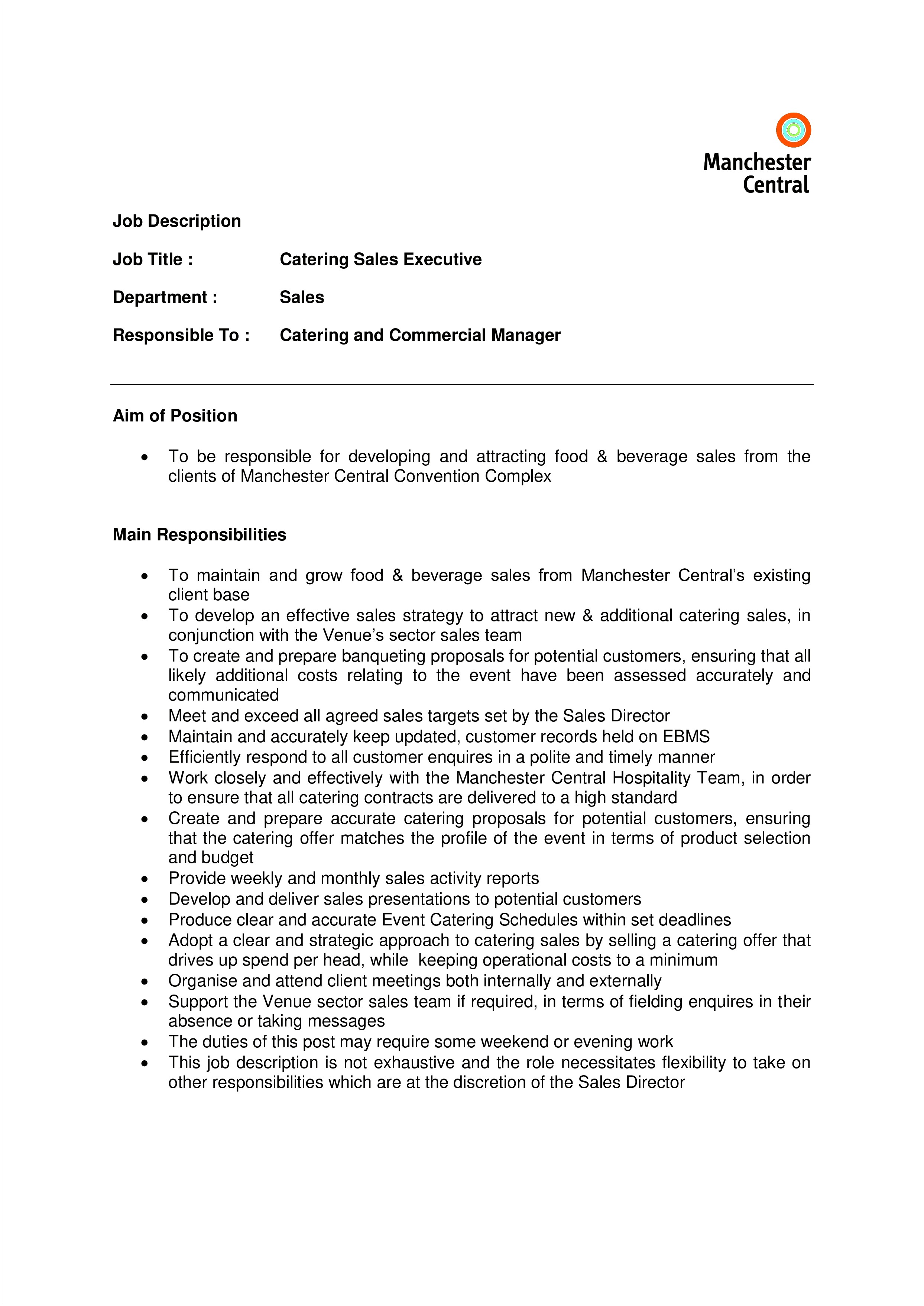Th Ebest Resume For Catering Sales Manager