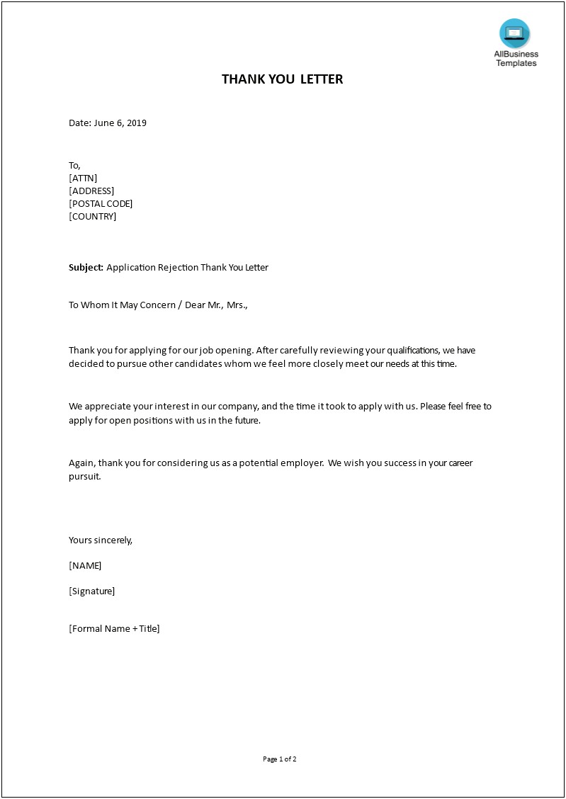 Thank You Letter For Resume Rejection