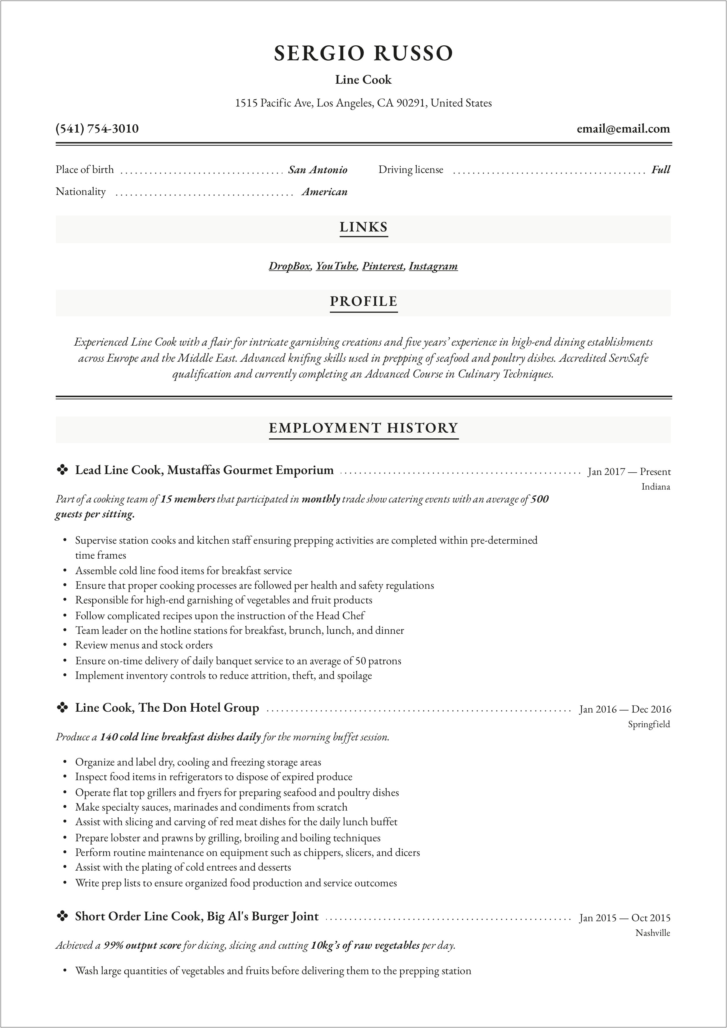 The Best Example Of Cook Resume