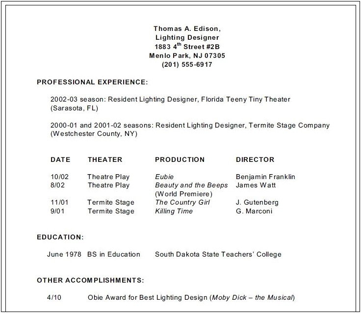 Theatre Lightng Resume Template Google Docs