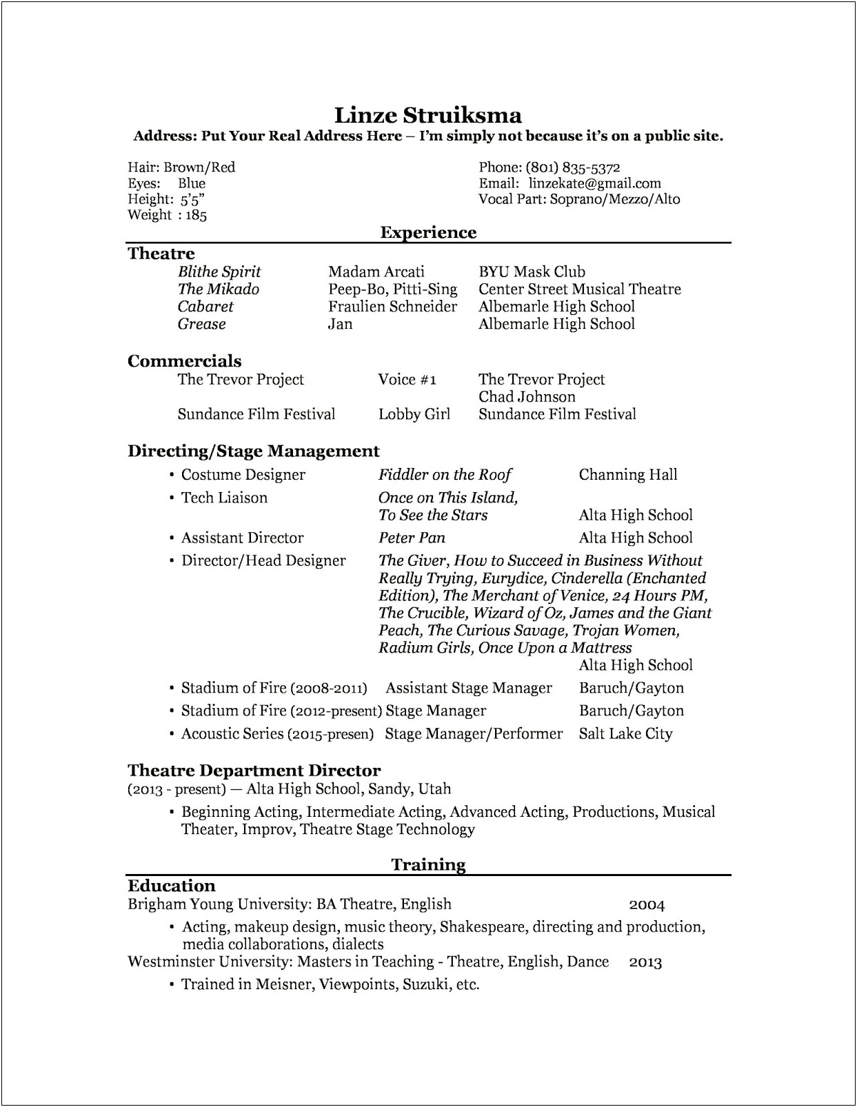 Theatre Resume Template For High School
