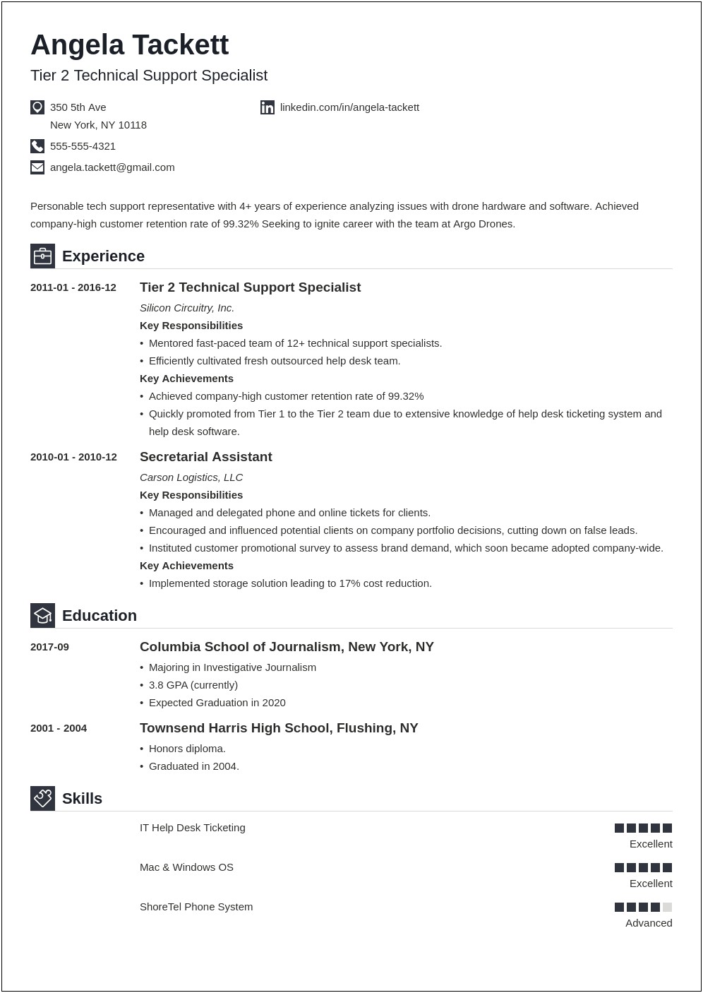 Tier 2 Tech Support Resume Example