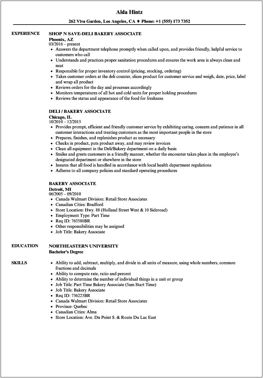 Tim Hortons Baker Job Description For Resume