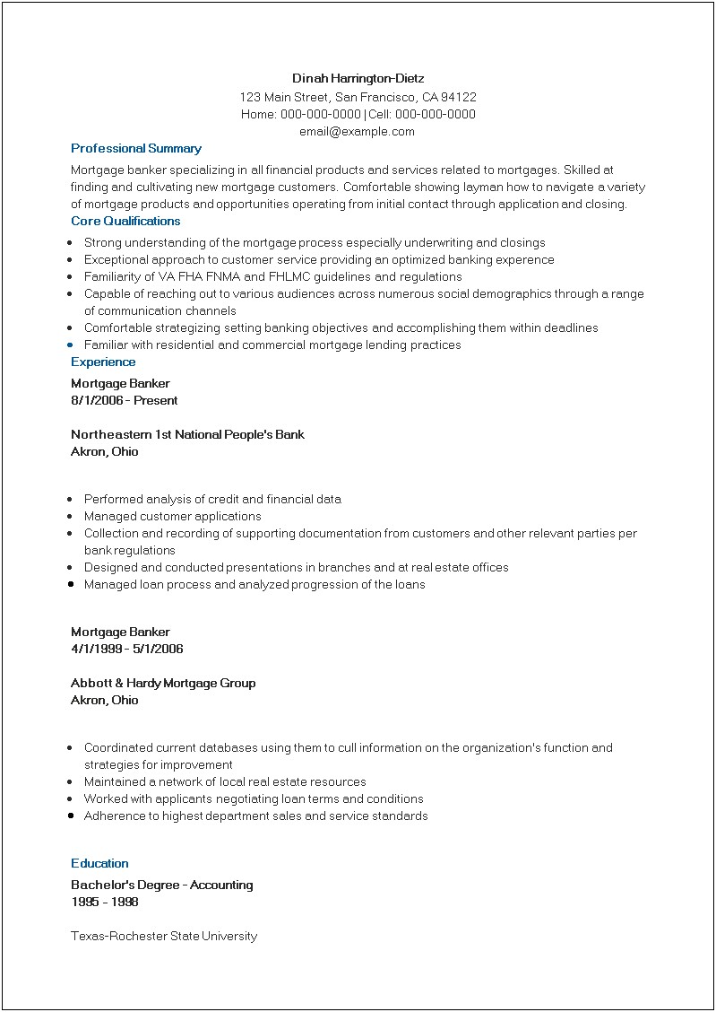Top Notch Mortgage Customer Service Resume Example