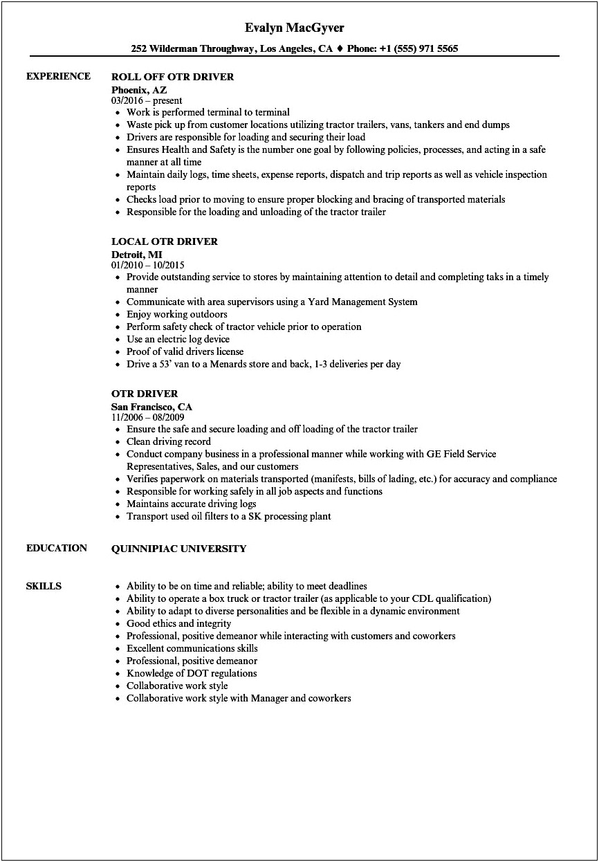 Trailer Driver Job Description For Resume