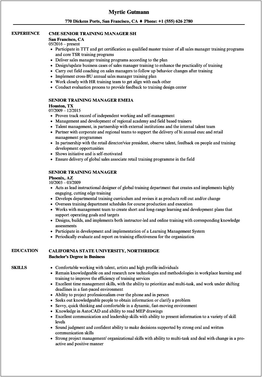 Training And Development Manager Resume Objective