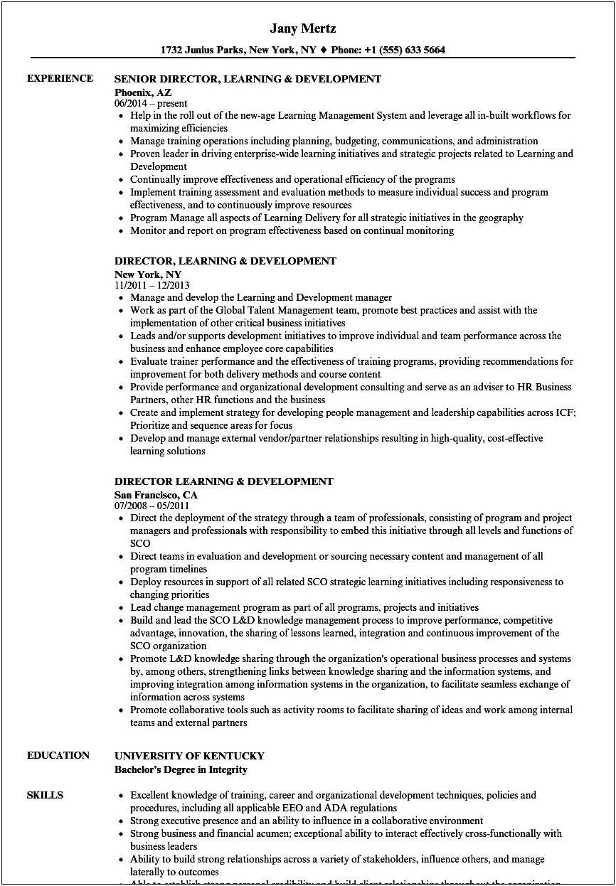 Training And Development Specialist Resume Samples