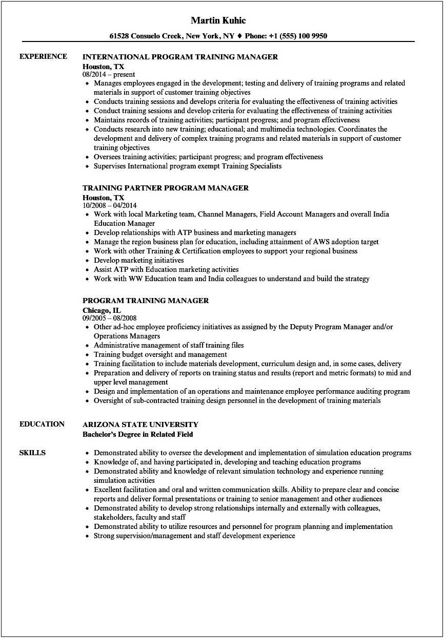 Training Manager And Development Manager Resume Sample